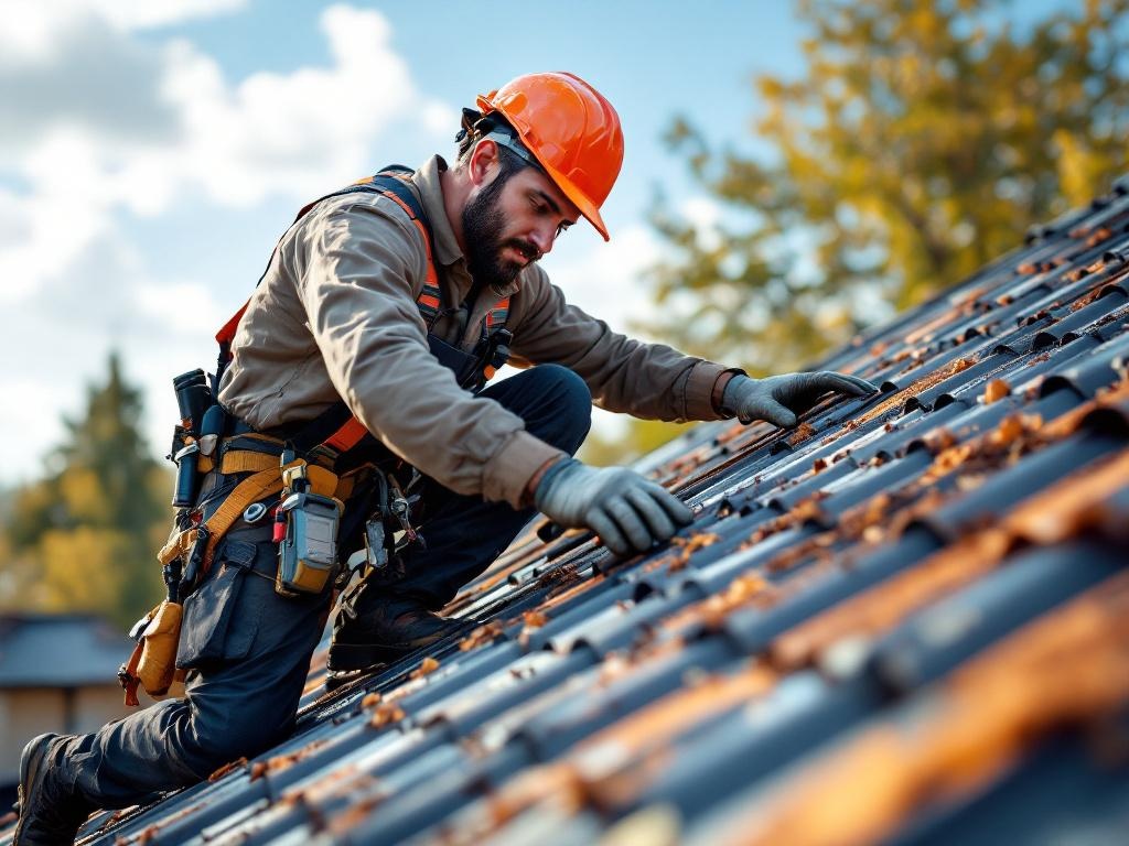 Professional roofer installing durable metal roofing with precision and proper tools
