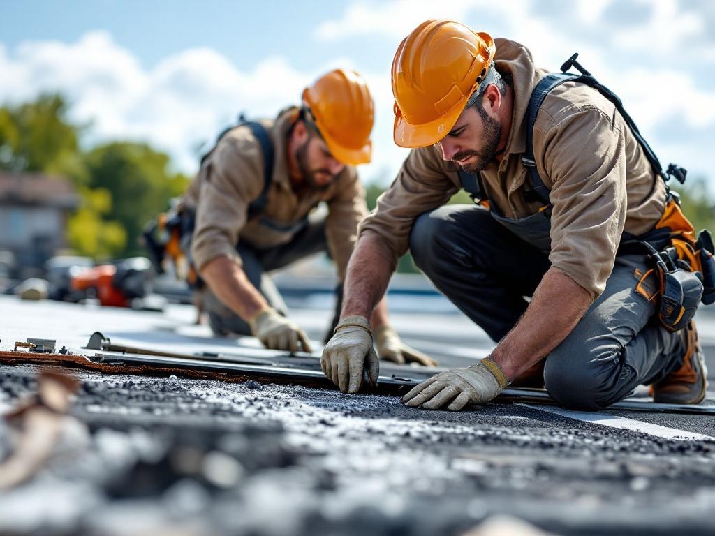 Professional technician repairing a flat roof with realistic tools and natural lighting