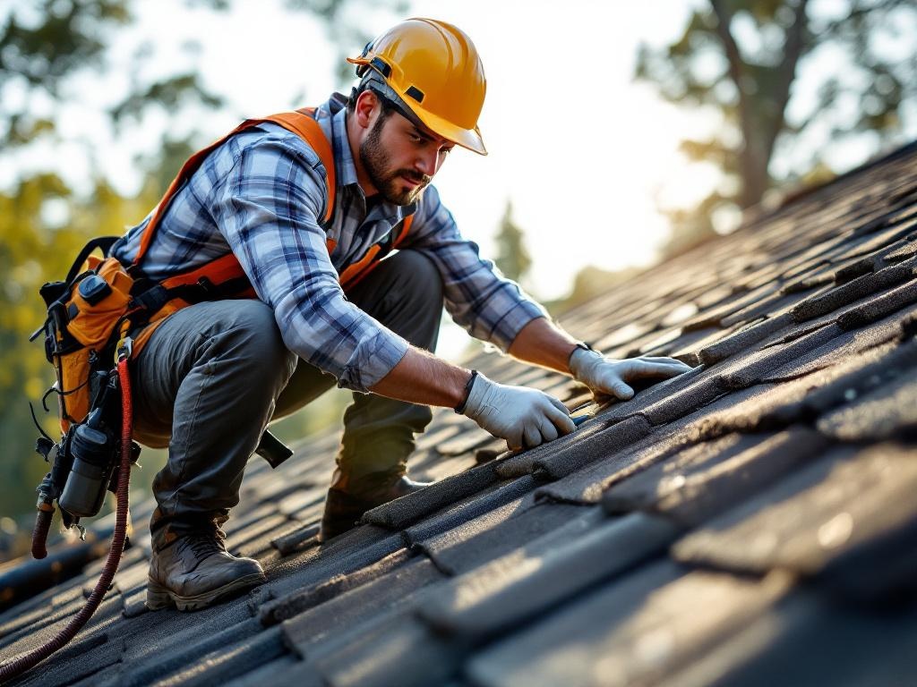 Roofing technician inspecting shingles and roof condition with tools under natural light