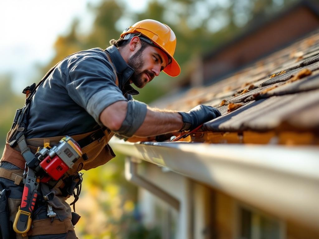 Professional roofing technician installing gutters with tools under natural lighting.