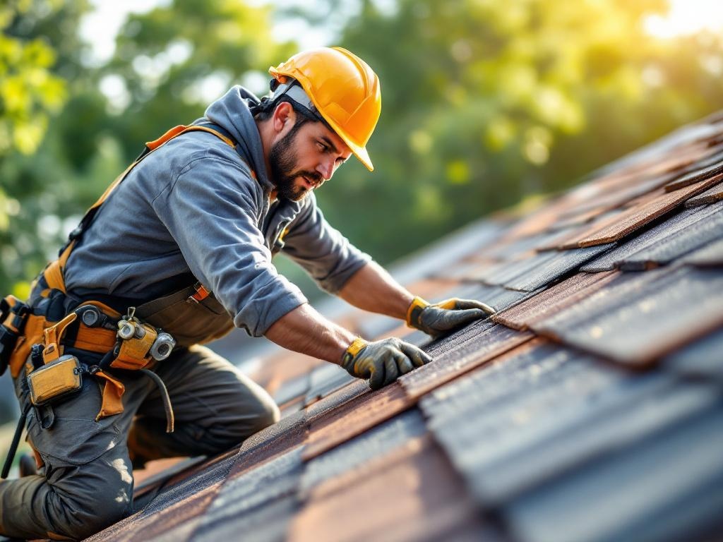 Professional roofing technician installing shingles on a roof with tools and equipment