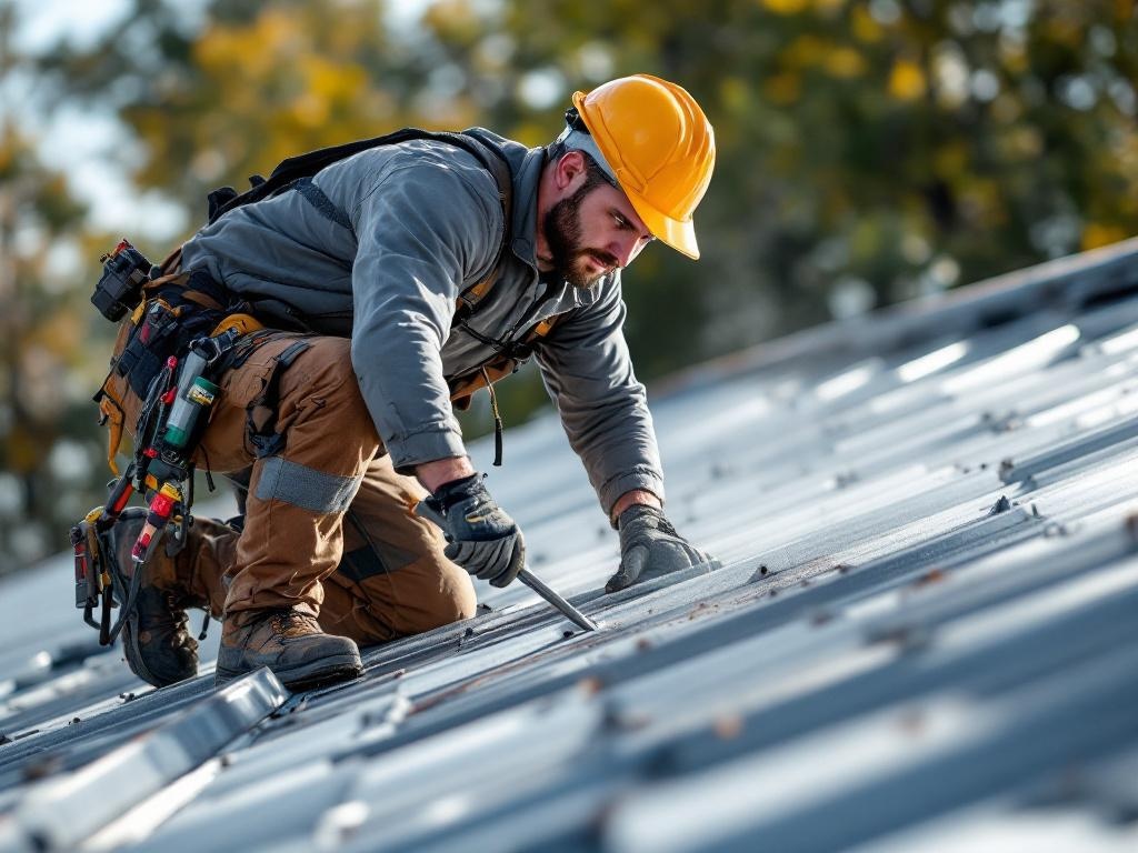 Professional technician installing durable metal roofing with precision and specialized tools