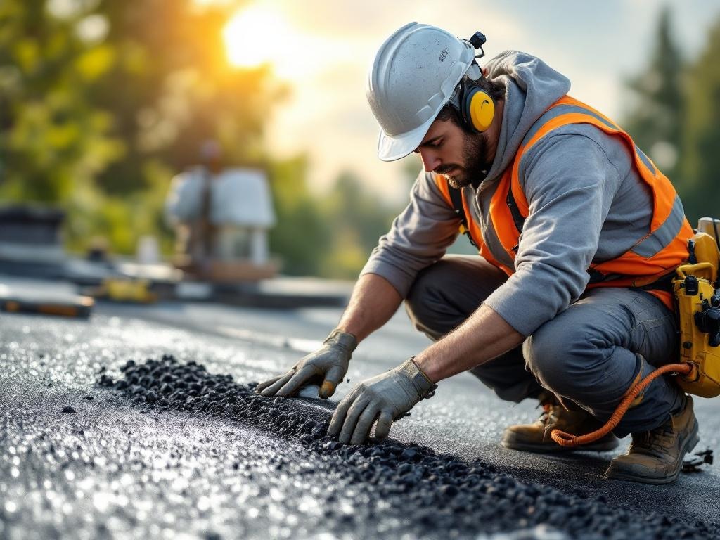 Professional roofing technician repairing a flat roof with specialized tools in natural light