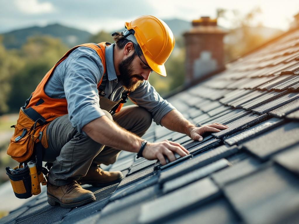 Professional roofing technician inspecting a home roof with tools under natural lighting