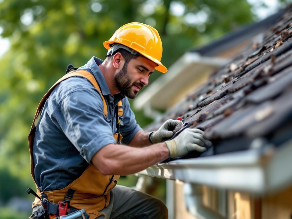 Professional roofing technician installing gutters with proper tools and safety gear