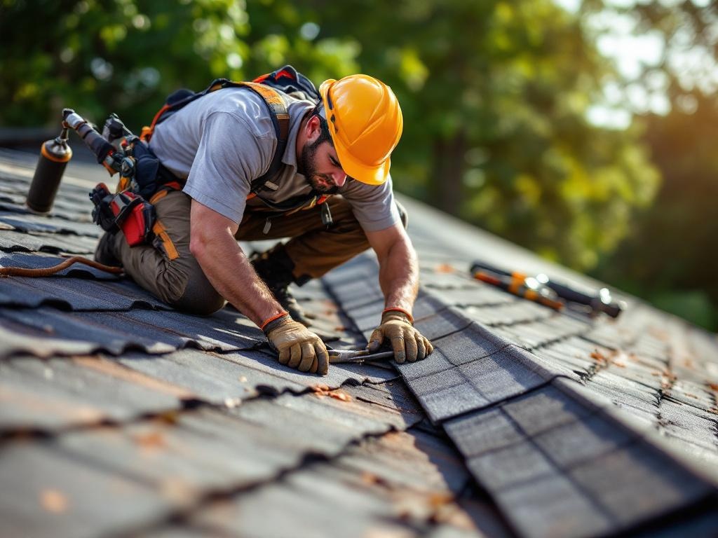 Professional roofer installing shingles with tools and equipment under natural lighting