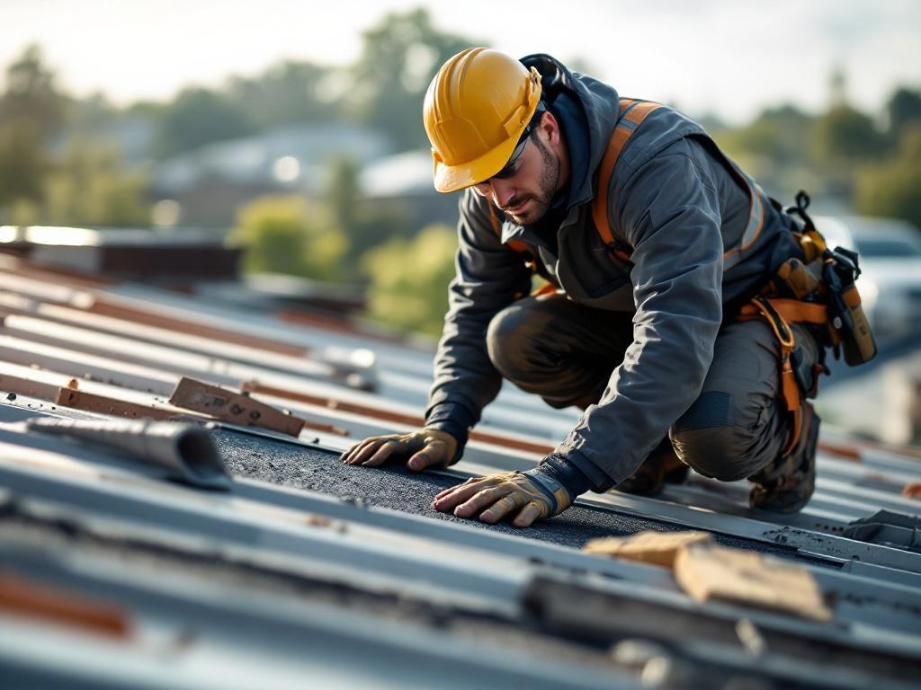 Professional roofing technician installing high-quality metal roofing using specialized tools