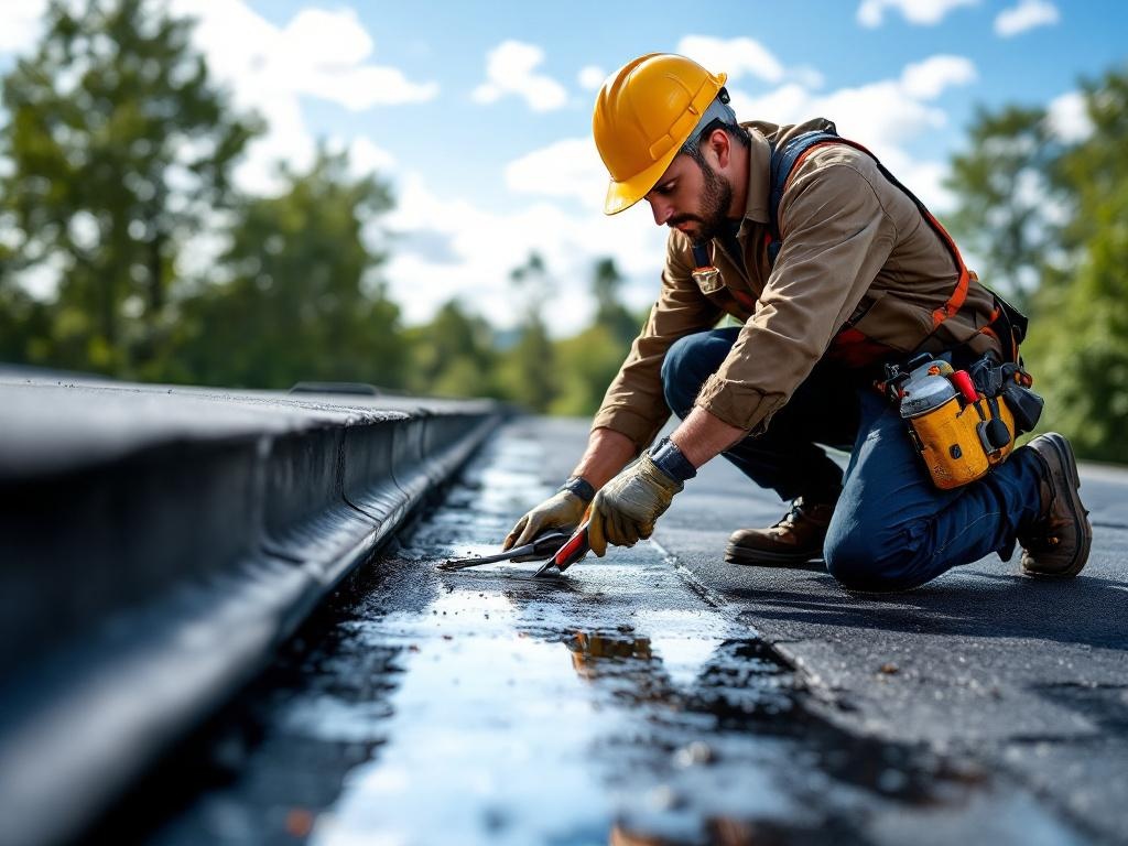 Professional roofing technician repairing a flat roof with tools and safety equipment
