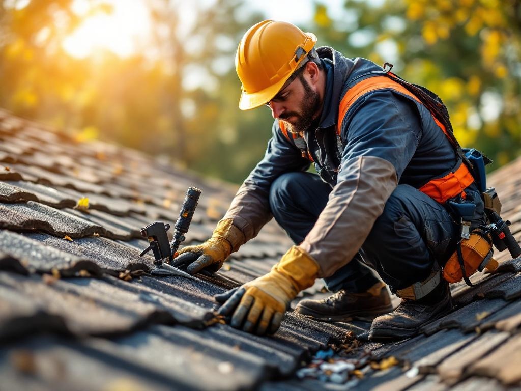 Professional roofing technician inspecting a rooftop with tools under natural light.