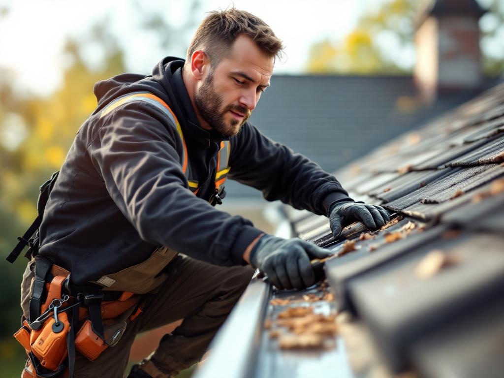 Professional roofing technician installing gutters with tools in natural daylight