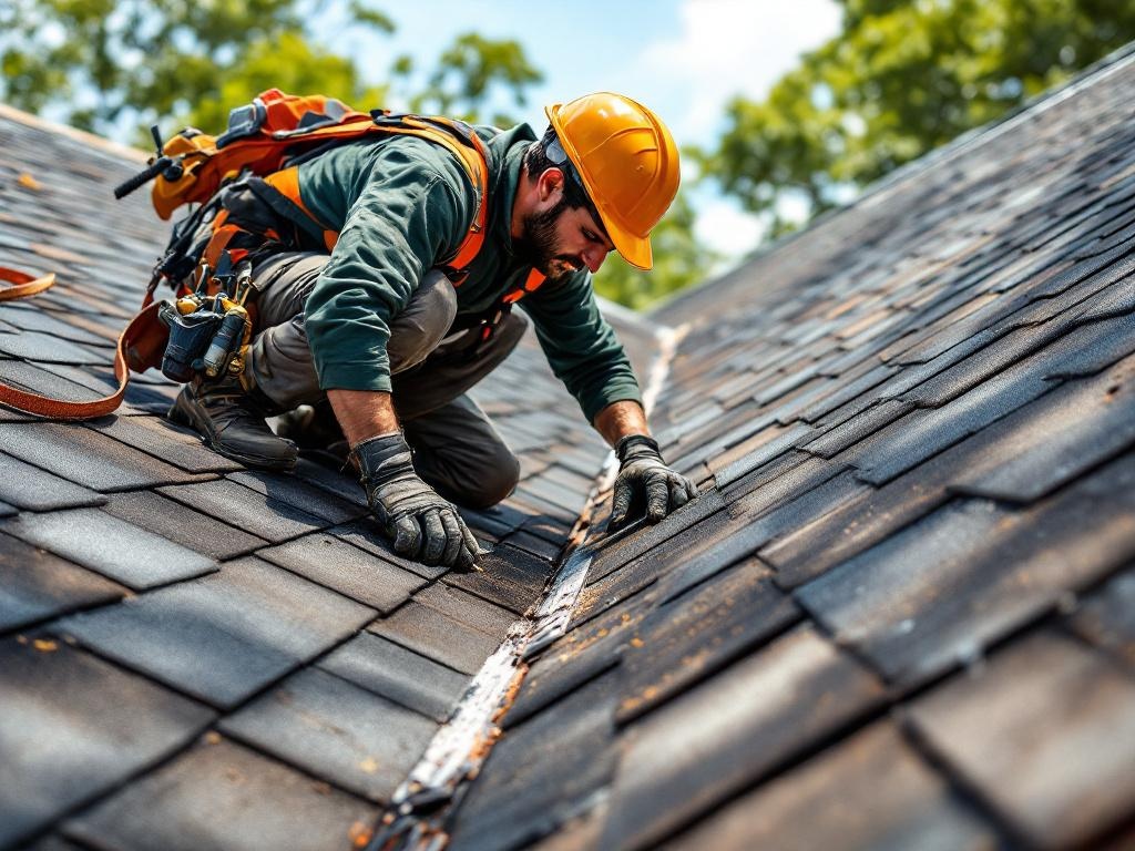 Professional roofing technician installing shingles with tools under natural daylight.