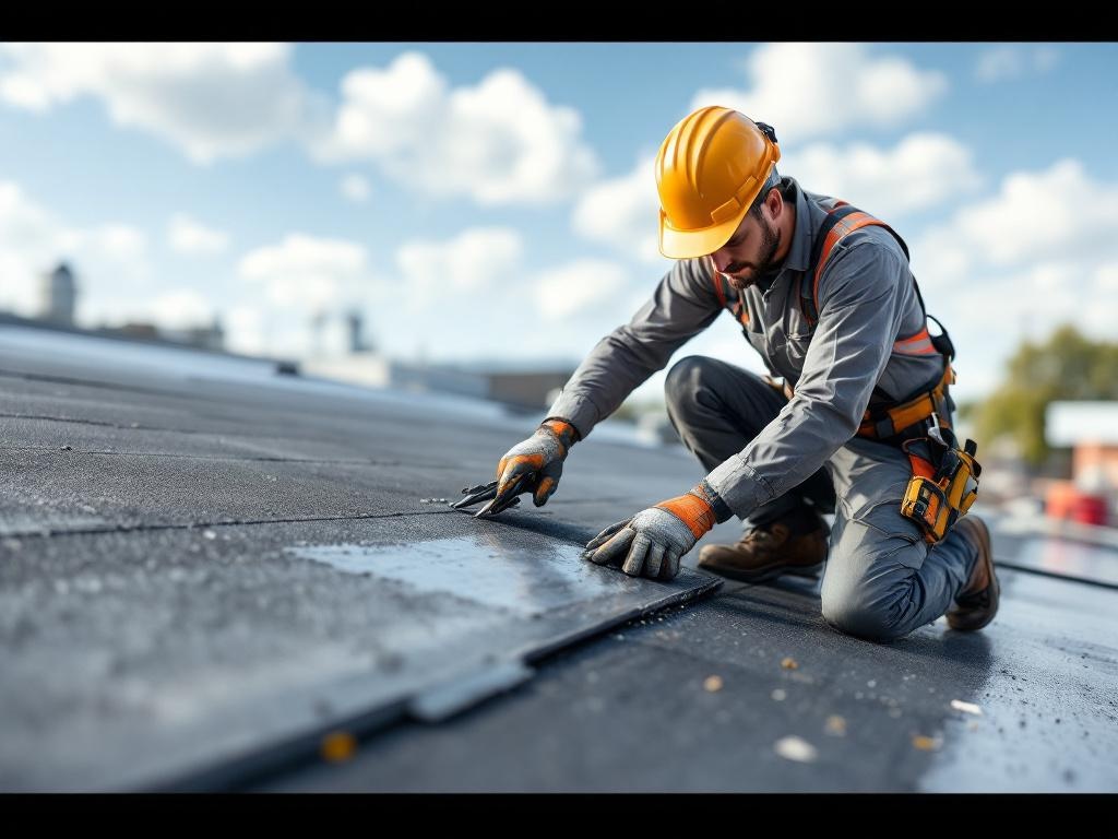 Professional roofer repairing a flat roof with tools under natural lighting