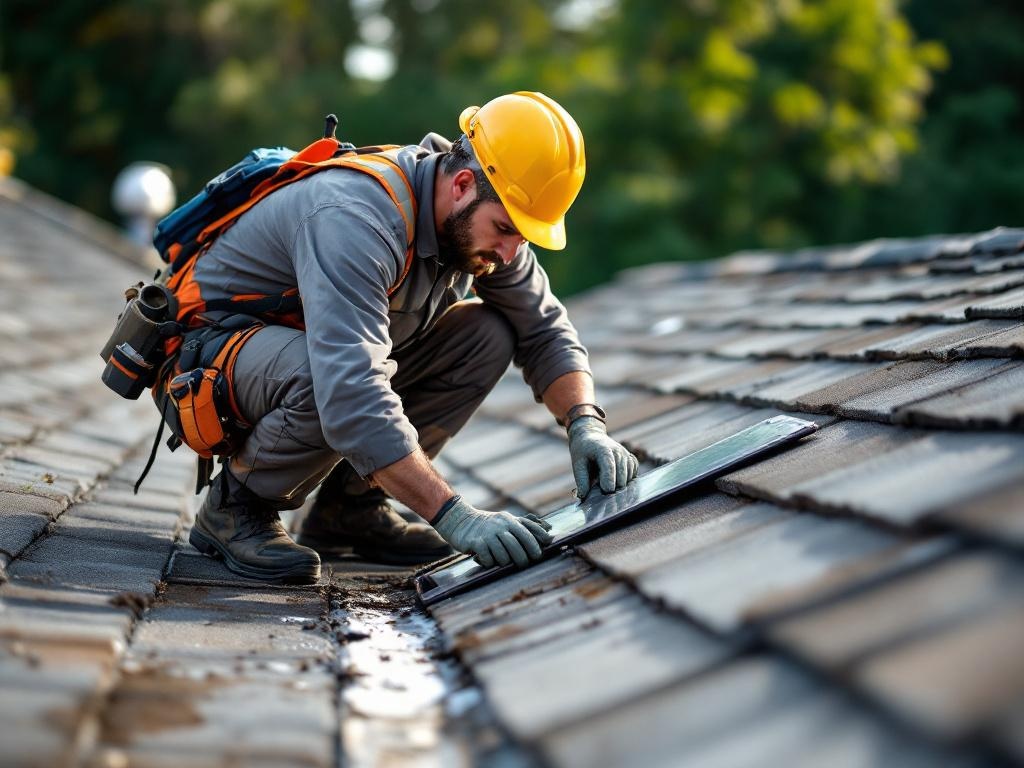 Professional roofing technician inspecting a residential roof with tools and safety gear.