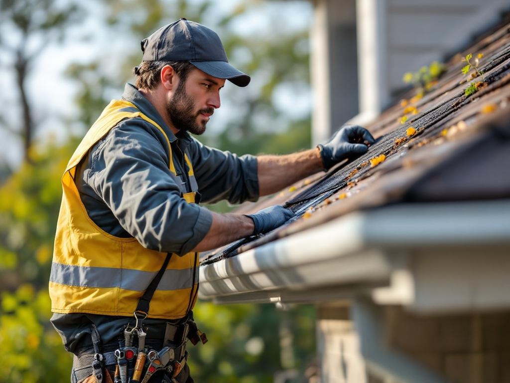Professional roofing technician installing gutters with tools under natural lighting