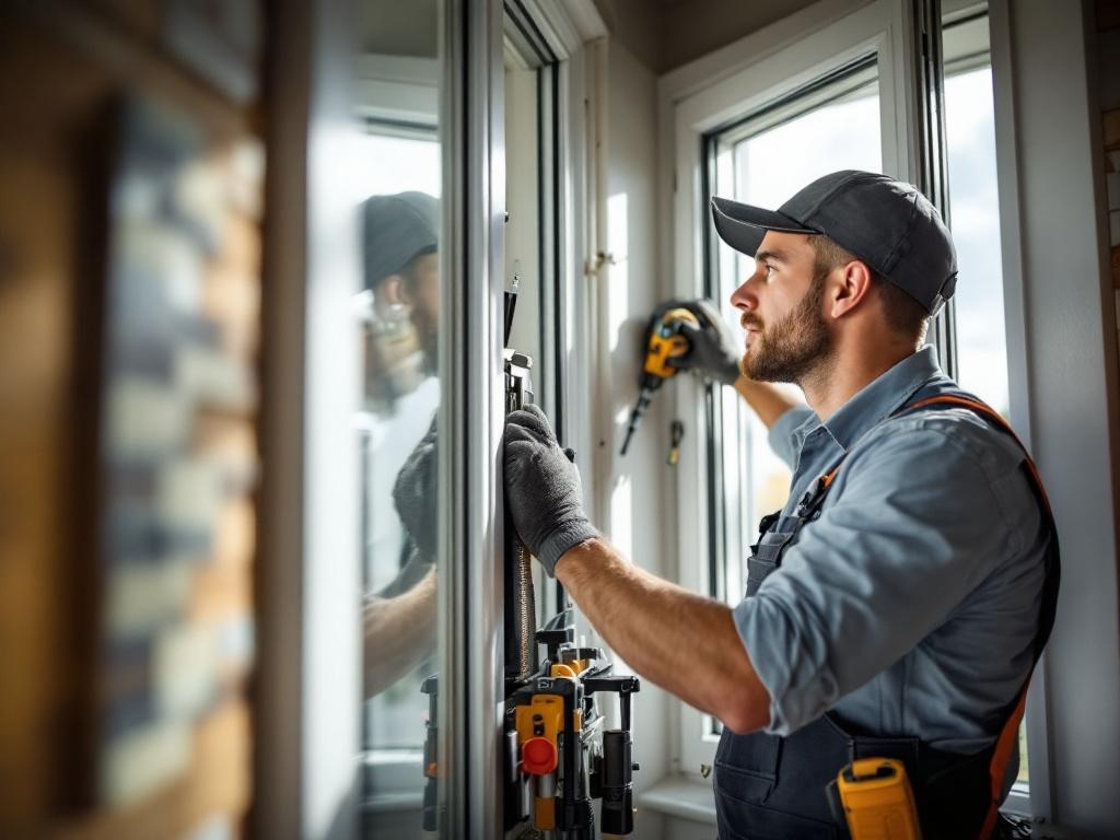 Professional technician installing a window with tools and natural lighting