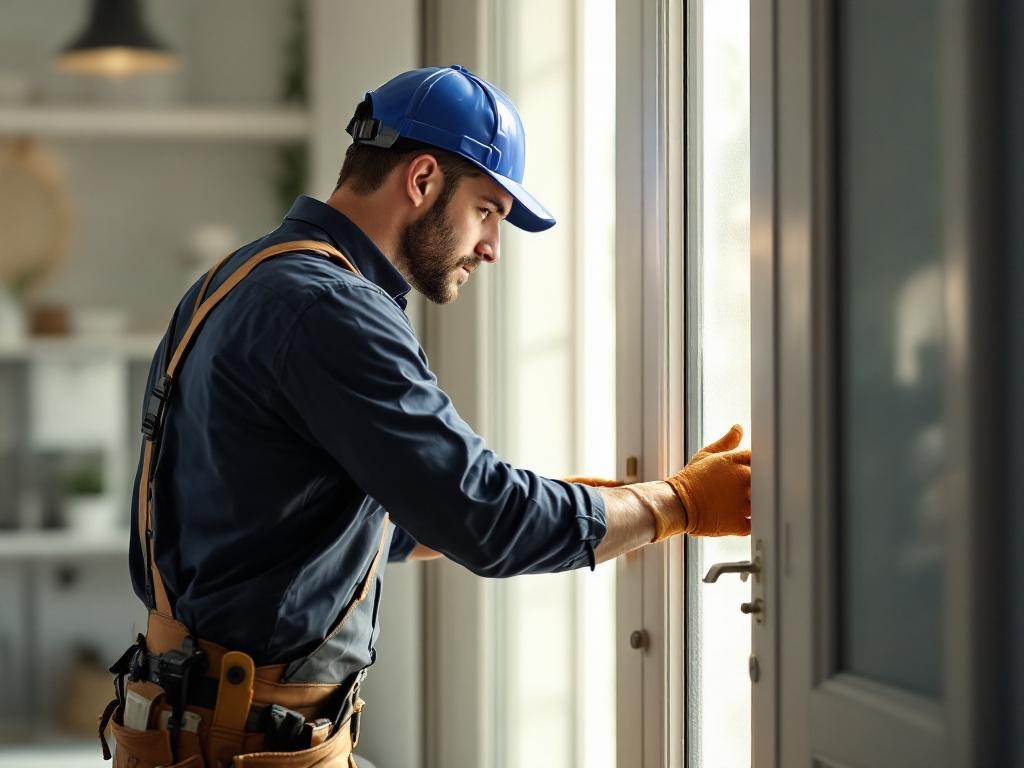 Professional technician replacing a door with tools and equipment in natural lighting