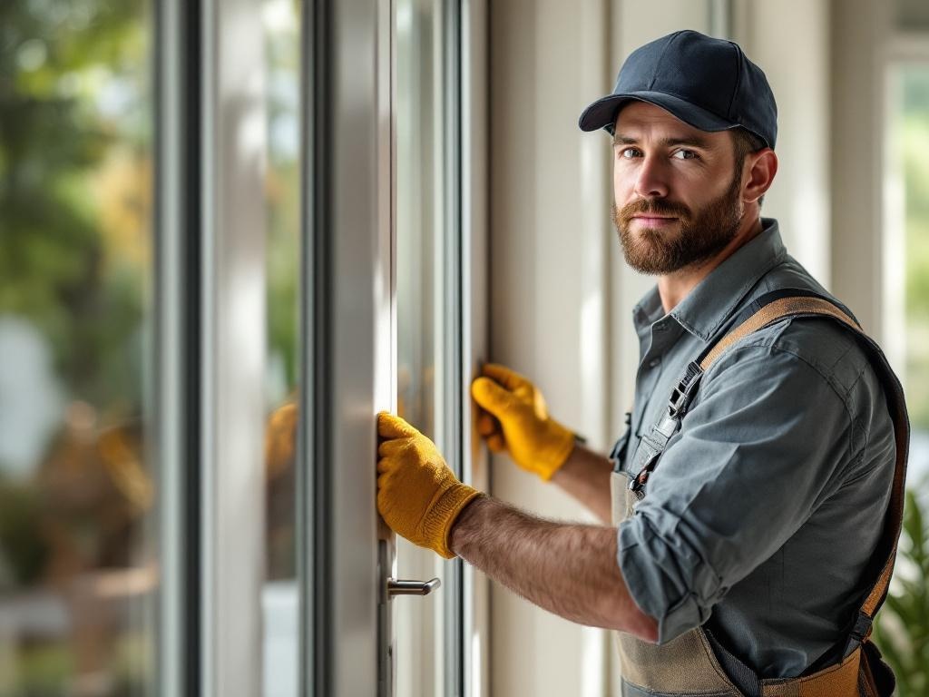 Professional technician installing an entry door with realistic tools and natural lighting