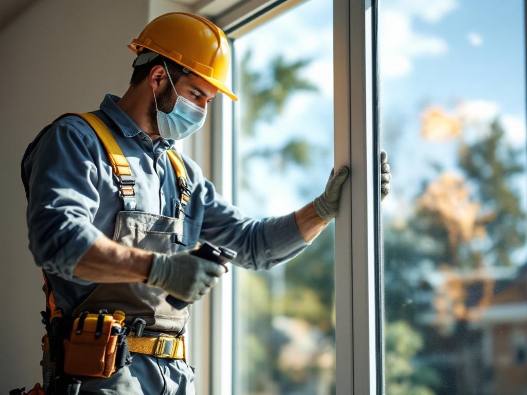 Technician installing a sliding glass door with tools under natural lighting