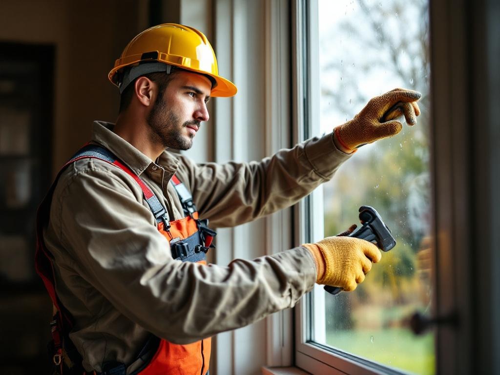 Professional technician repairing a window with precise tools and natural lighting.