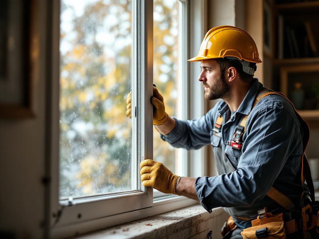Professional technician installing a modern window with tools in a residential setting