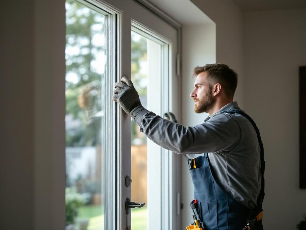 Professional technician replacing a residential door with tools and equipment in natural light