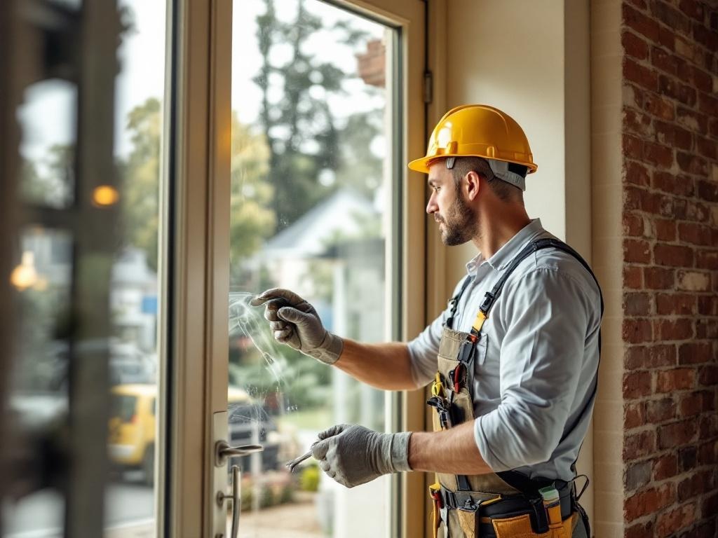 Professional technician installing an entry door with precision tools and expertise