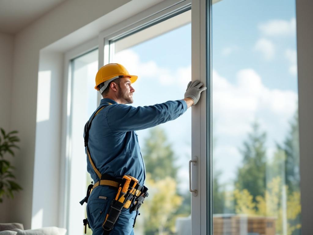 Technician installing a modern sliding glass door using professional tools and equipment