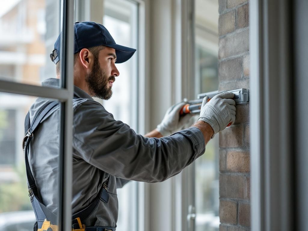 Technician installing a window with professional tools and equipment in natural lighting