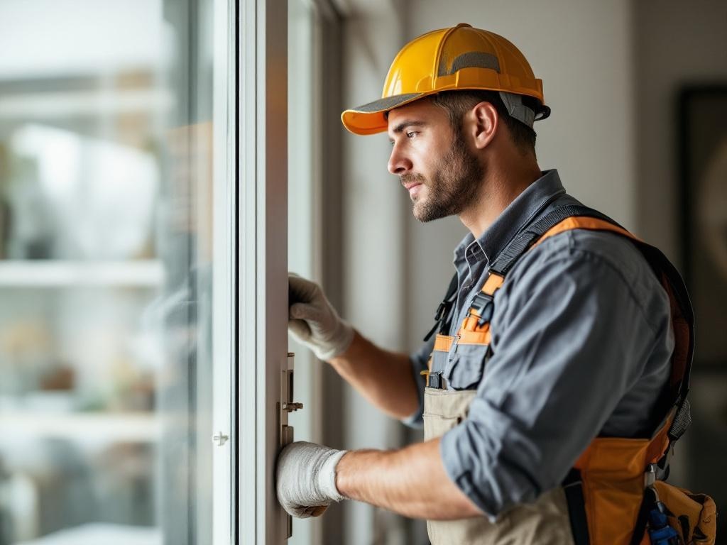 Professional technician replacing a door with tools and equipment under natural lighting