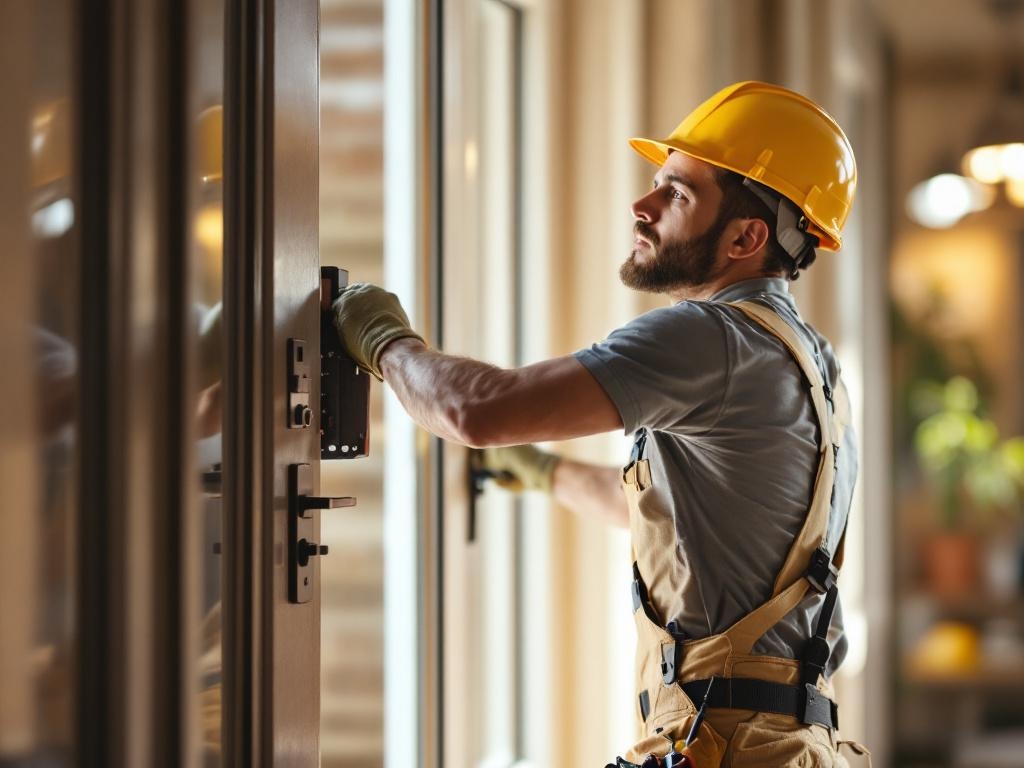 Professional technician installing an entry door with tools and equipment under natural lighting