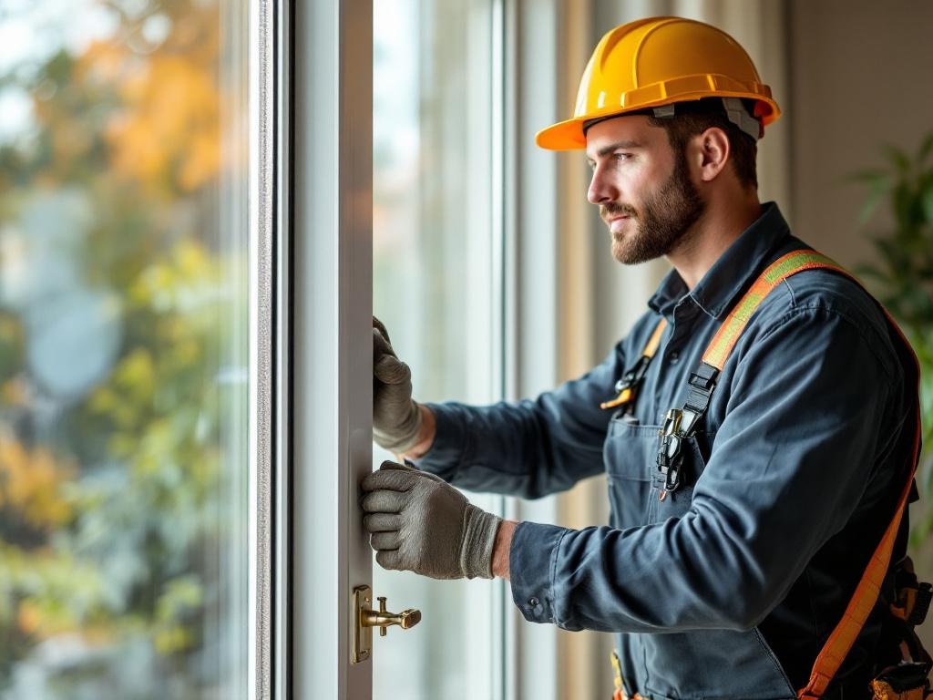 Technician installing a sliding glass door with professional tools and precise craftsmanship