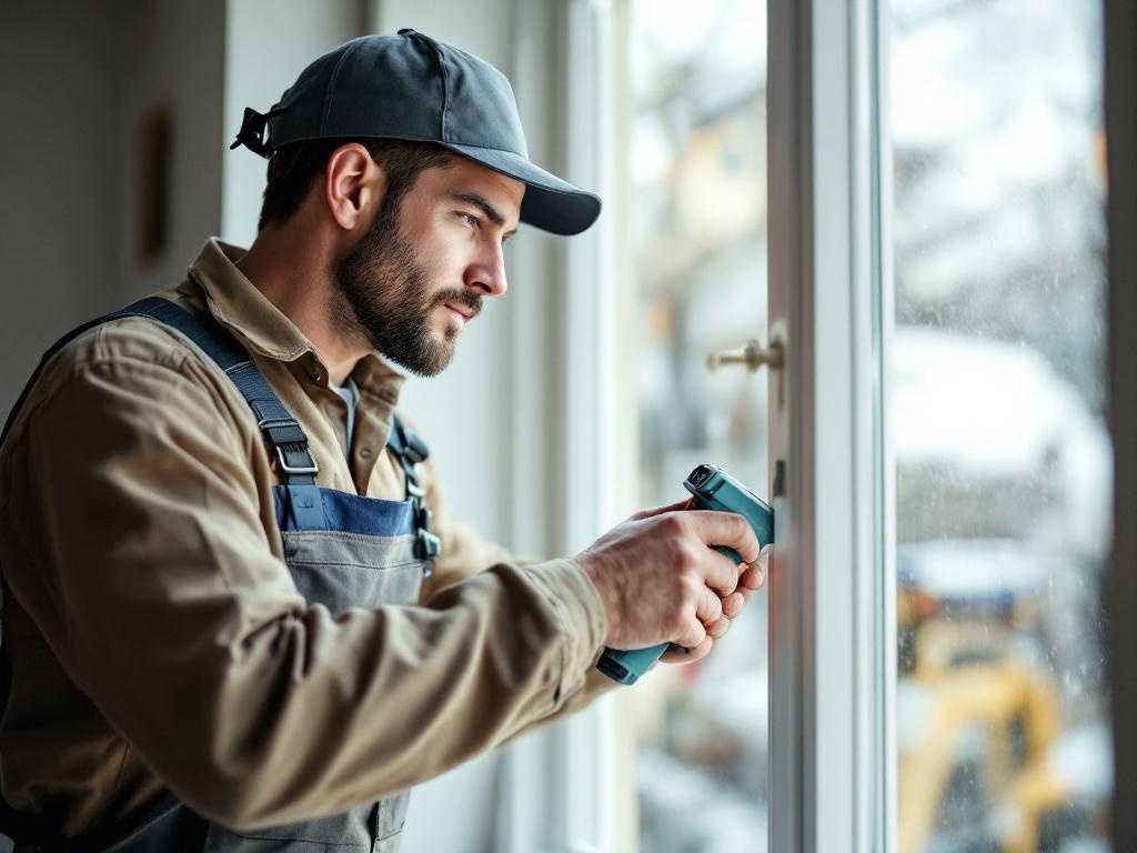 Professional technician repairing a residential window using specialized tools in natural light