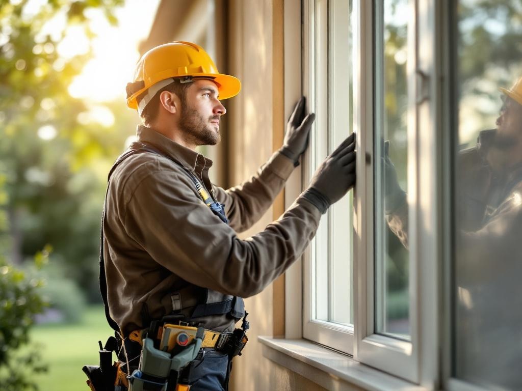 Professional technician installing a window with modern tools and equipment in daylight