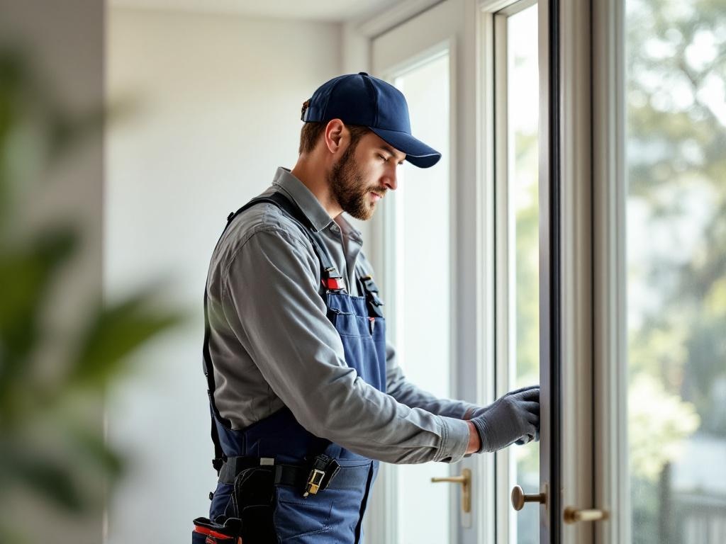 Technician replacing a residential door with professional tools and equipment in natural light