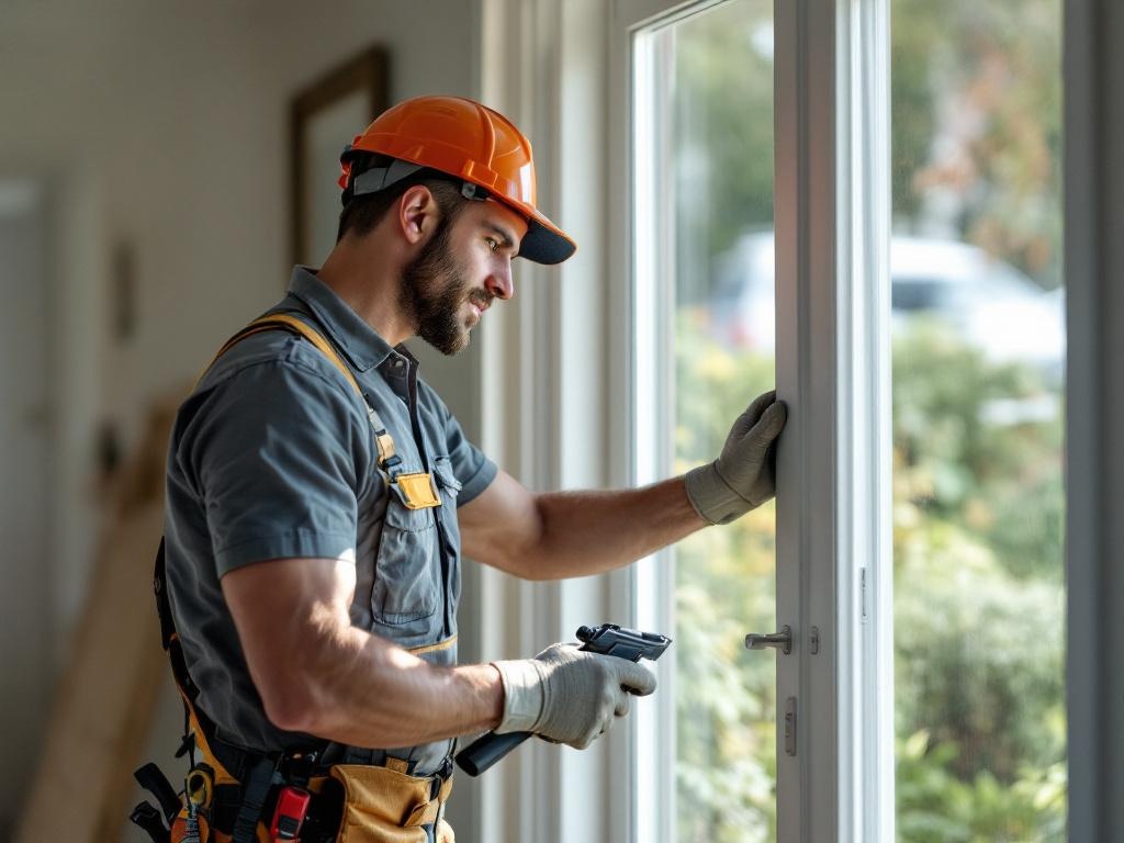 Professional technician installing a high-quality entry door with tools and equipment