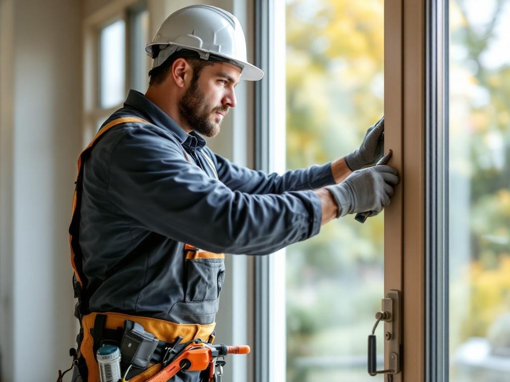 Experienced technician installing a sliding glass door with precision tools and natural lighting