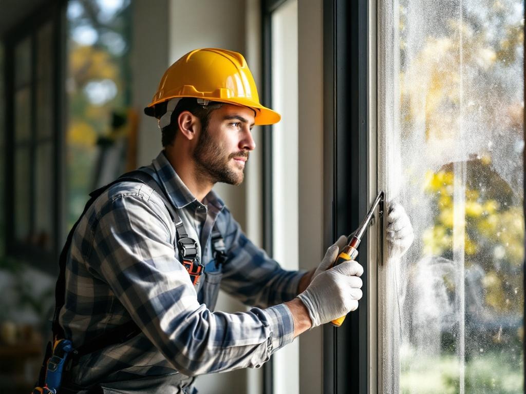 Professional technician repairing a window with tools in natural lighting