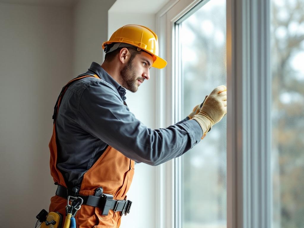 Professional technician skillfully installing a window using tools and equipment with natural lighting