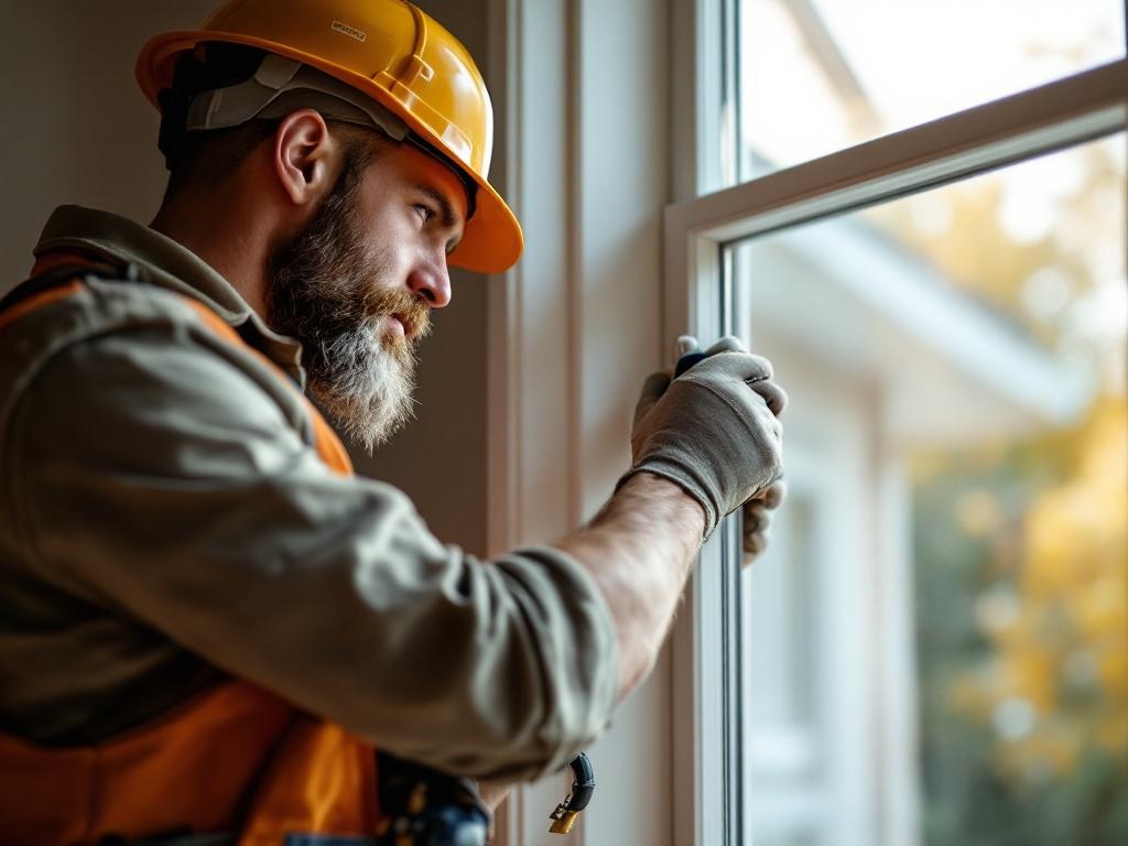 Professional technician replacing a door with tools and equipment in natural lighting