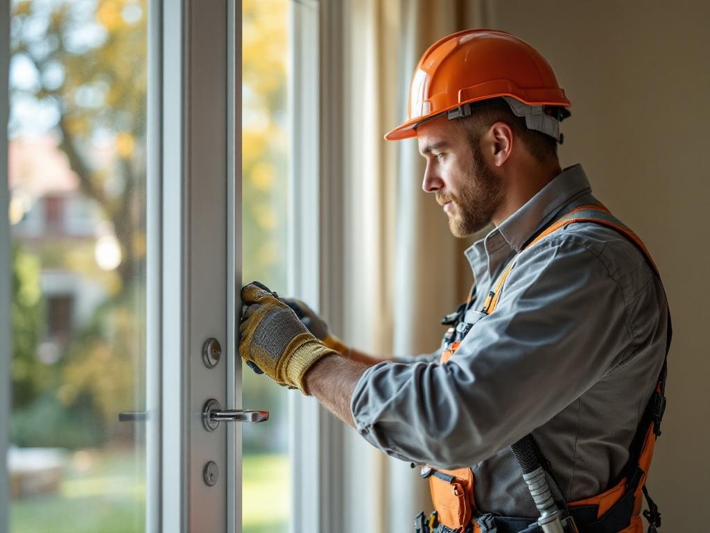 Professional technician installing an entry door with tools and natural lighting