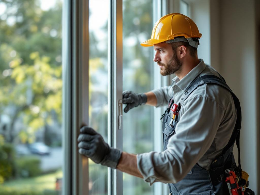 Professional technician installing a sliding glass door with tools in natural lighting
