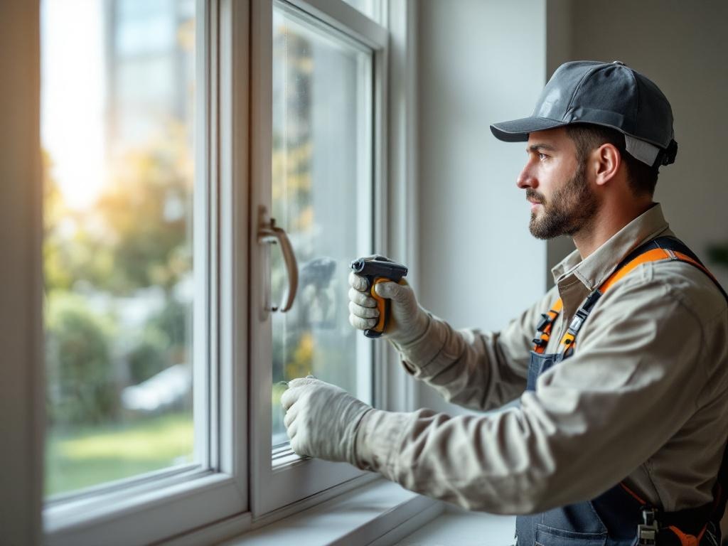 Professional technician repairing a window using tools in natural lighting