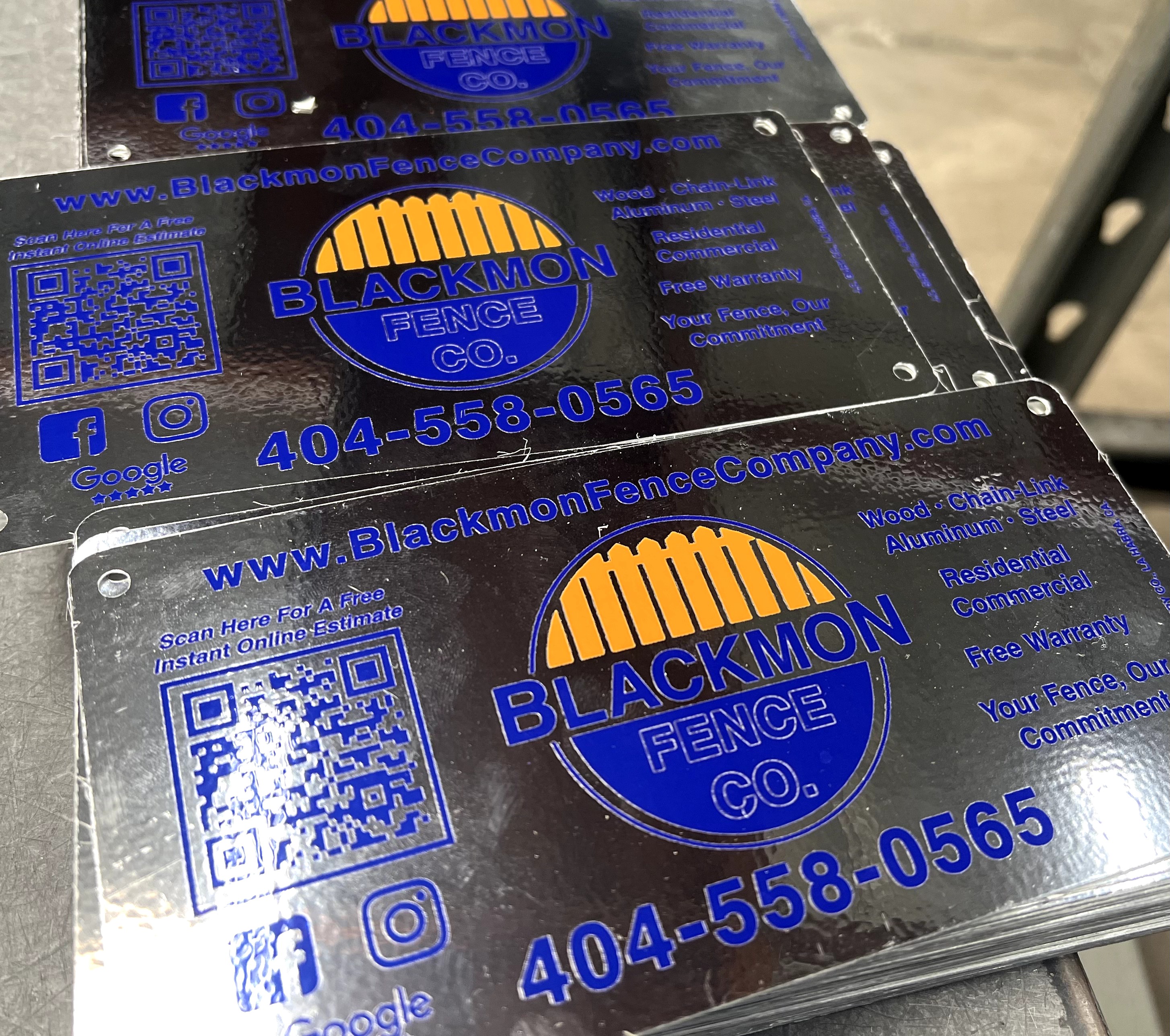 Custom blue and orange rectangle sign for fence businesses