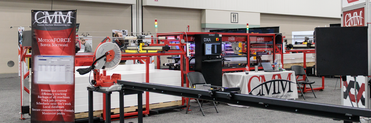 Custom Machine Motioneering booth showcasing CNC fabrication equipment for fencing and security solutions.