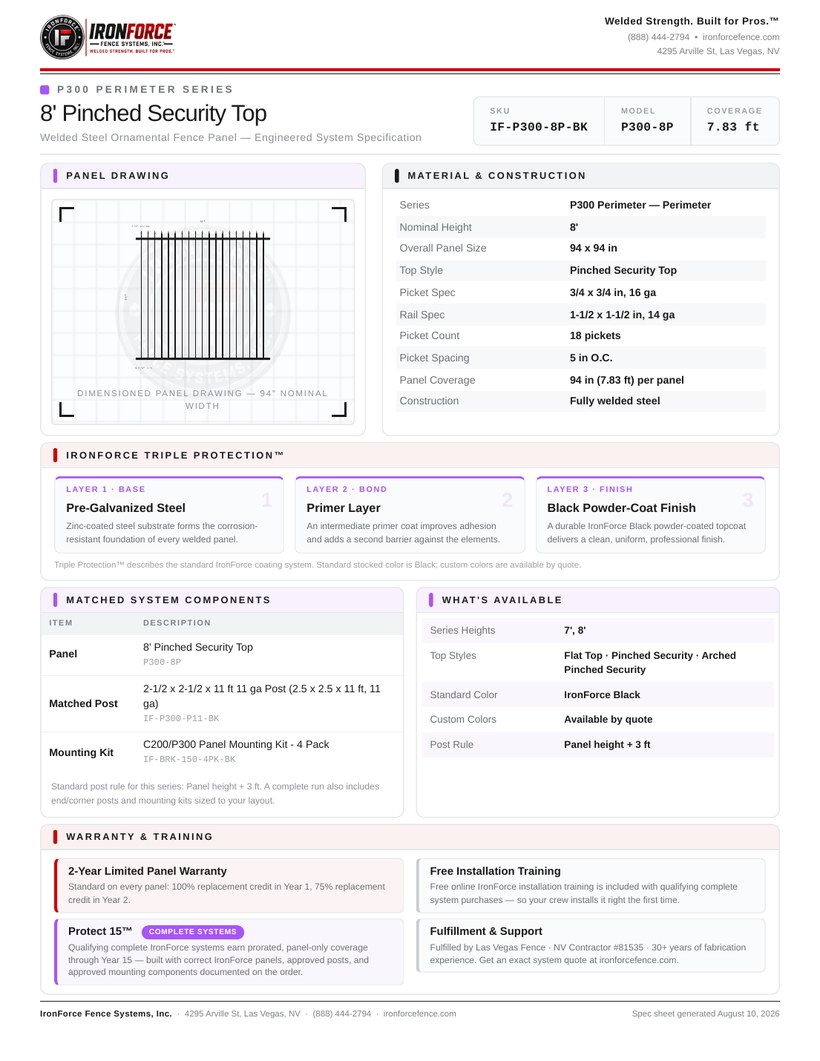 P300 Perimeter 8' Pinched Security Top spec sheet preview