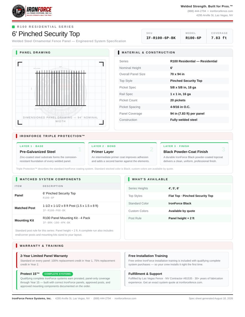 R100 Residential 6' Pinched Security Top spec sheet preview